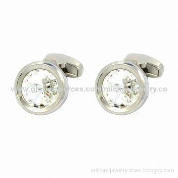Brass Cufflinks with White Swarovski Stone and White Steel Plated, Nickel-free